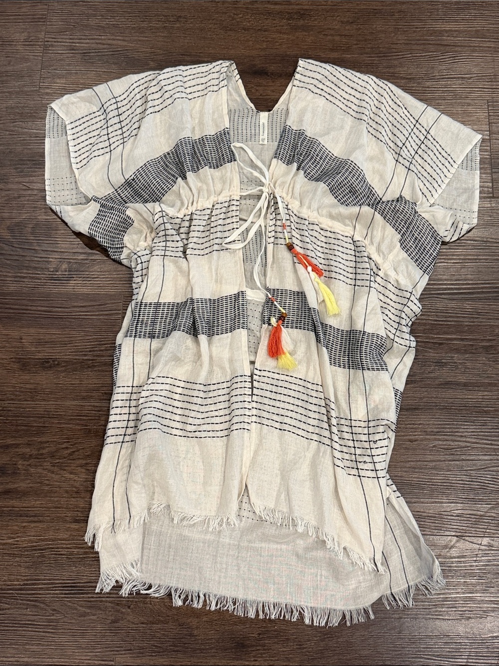 Francesca's Cream & Black Striped Drawstring Tunic with Tassels